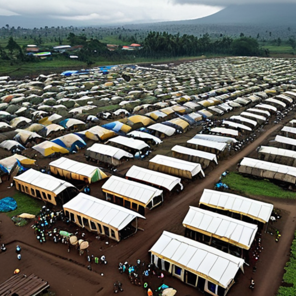 콩고 민주 공화국 현재 정치 상황 - **Prompt:** A poignant aerial shot of a vast, overcrowded displacement camp near Goma, Democratic Re...