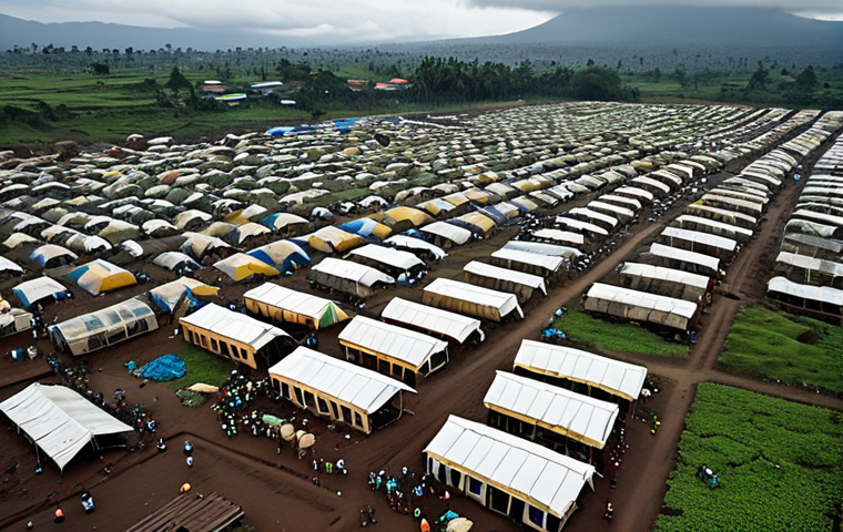 콩고 민주 공화국 현재 정치 상황 - **Prompt:** A poignant aerial shot of a vast, overcrowded displacement camp near Goma, Democratic Re...
