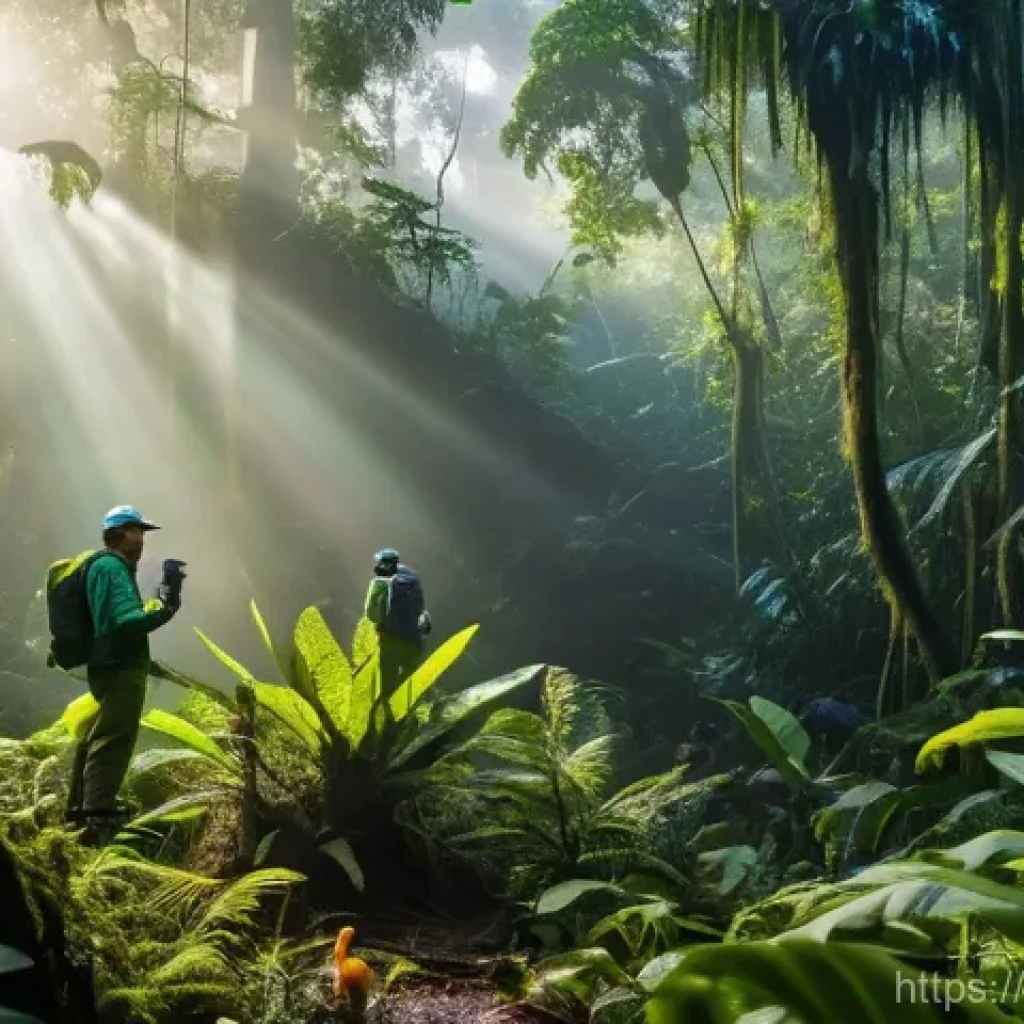 콩고 국립공원의 생물 연구 - **Prompt:** A vibrant, cinematic shot of a dense, emerald-green rainforest in the Congo Basin at daw...