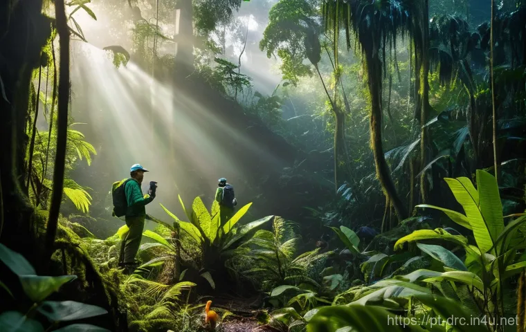 콩고 국립공원의 생물 연구 - **Prompt:** A vibrant, cinematic shot of a dense, emerald-green rainforest in the Congo Basin at daw...