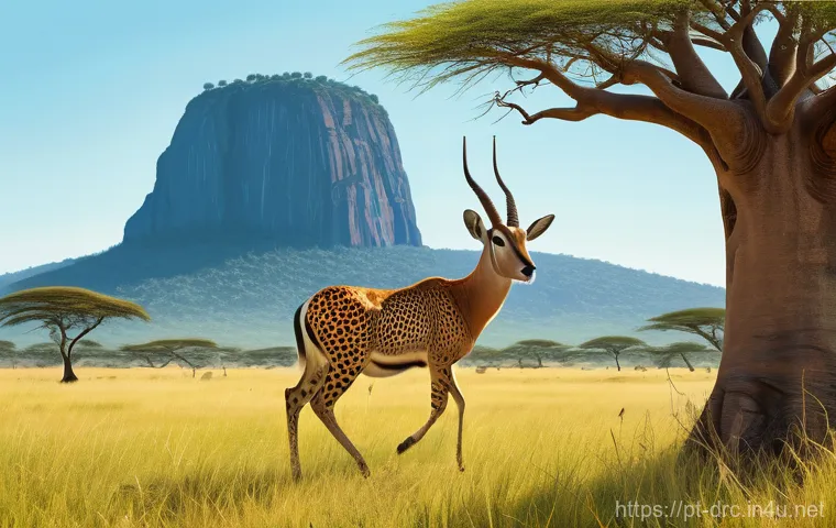 콩고의 전통 설화와 전승 - **Malu the Clever Antelope's Escape**
    A vibrant, dynamic illustration depicting Malu, the cunnin...