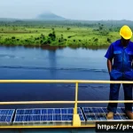 콩고 전력 자원의 발전 현황 - **"A grand, modern hydroelectric dam harnessing the immense power of the Congo River. The scene is s...