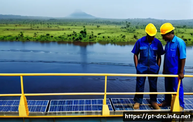 콩고 전력 자원의 발전 현황 - **"A grand, modern hydroelectric dam harnessing the immense power of the Congo River. The scene is s...
