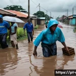 콩고 주요 자연재해와 대비 - A detailed urban scene in Kinshasa during a heavy flood caused by intense rainfall, showing water pa...