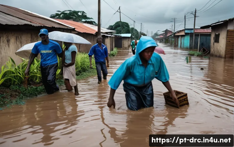 콩고 주요 자연재해와 대비 - A detailed urban scene in Kinshasa during a heavy flood caused by intense rainfall, showing water pa...