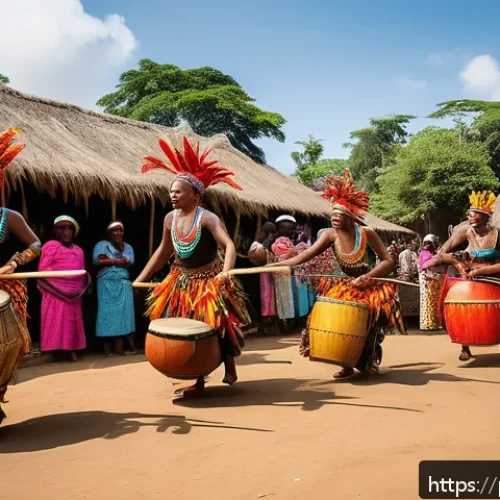 콩고 전통 춤과 음악 소개 - A vibrant scene of traditional Congo dance in an African village setting during a cultural festival....