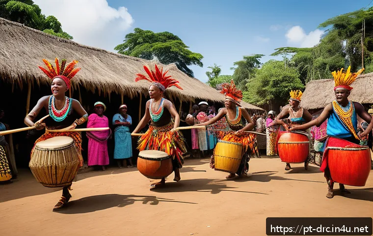 콩고 전통 춤과 음악 소개 - A vibrant scene of traditional Congo dance in an African village setting during a cultural festival....
