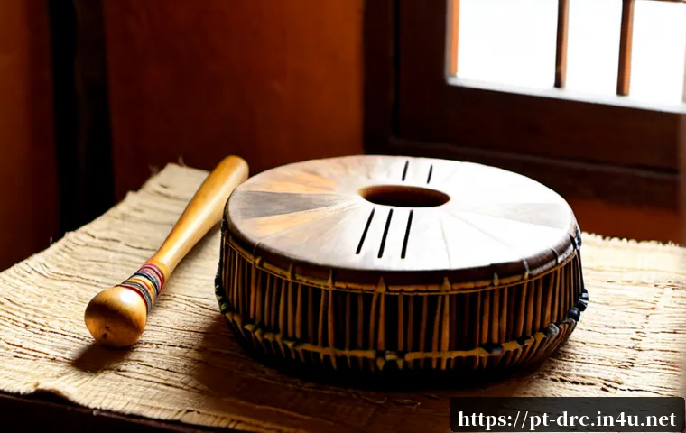 콩고 전통 악기 종류 - Photorealistic museum-style still life of traditional Congolese musical instruments: a carved wooden...