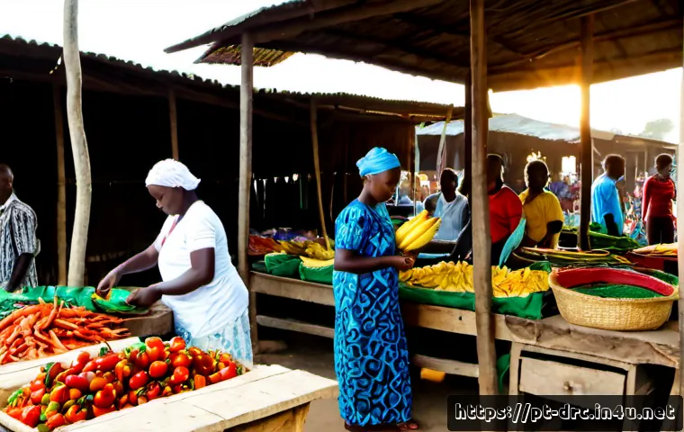 Home 17 콩고의 전통시장 탐방 - Photorealistic morning scene in a traditional open-air market in Kinshasa, Democratic Republic of th...
