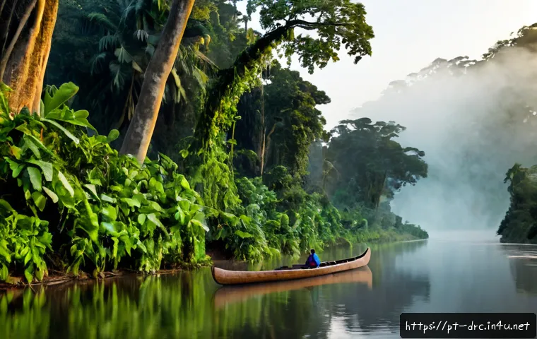 북부 콩고의 비밀스러운 정글 - Photorealistic dawn view of a secretive northern Congo rainforest, towering ancient trees wrapped in...